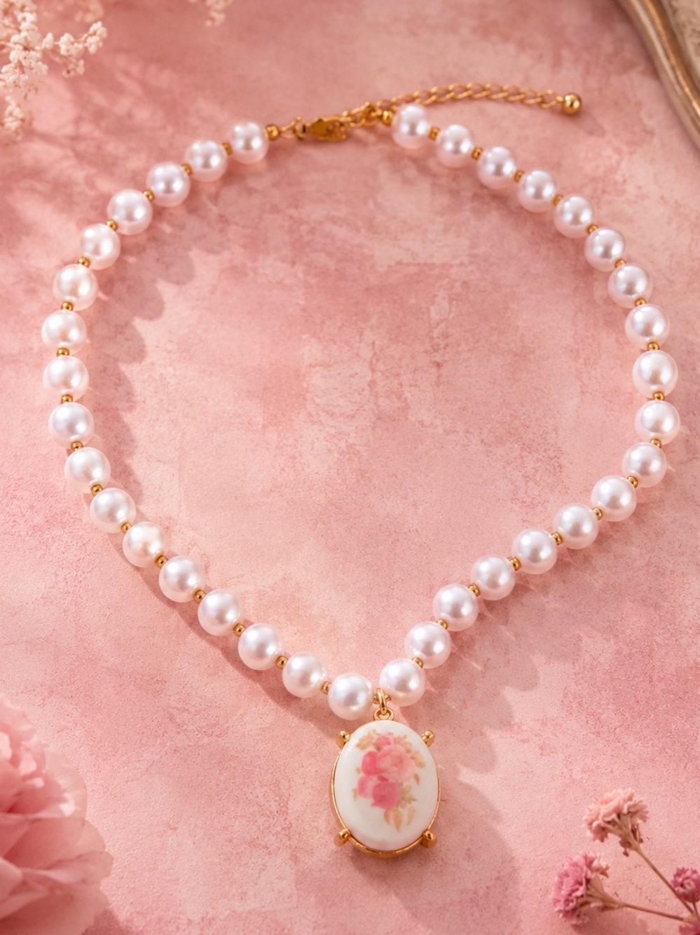 Vintage Rose Pearl Floral Gold Necklace - Picture 13 of 14